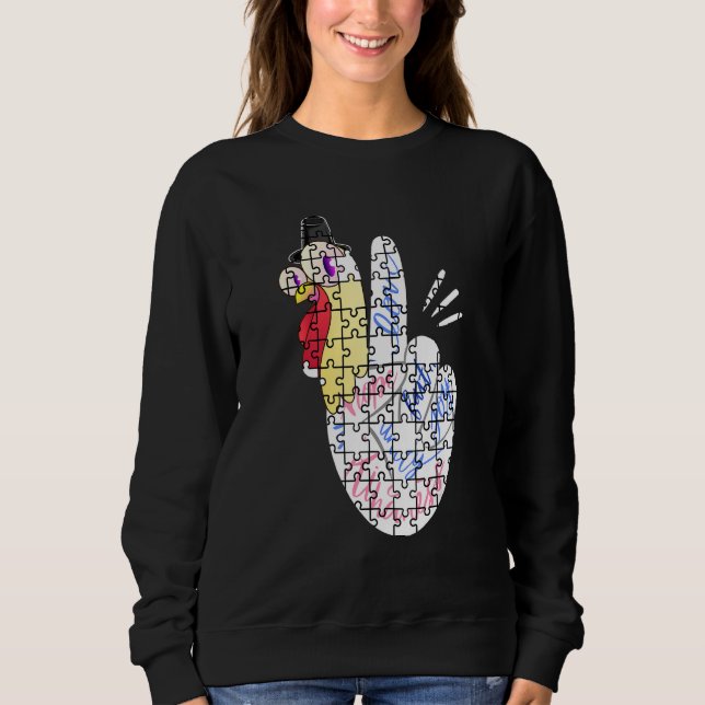 Sweatshirt Turkey Peace Hand Sign Puzzle Autism Thanksgiving  (Devant)