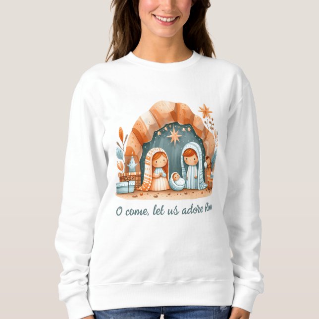 Sweatshirt Turquoise, Rusty Orange Noël Nativité religieuse (Devant)