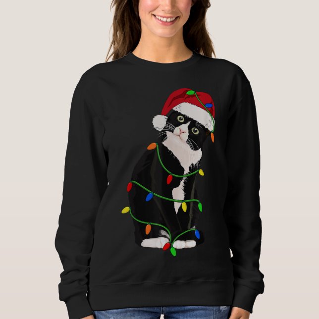 Sweatshirt Tuxedo Cat Meow Père Noël Tuxie Feux d'arbre de No (Devant)