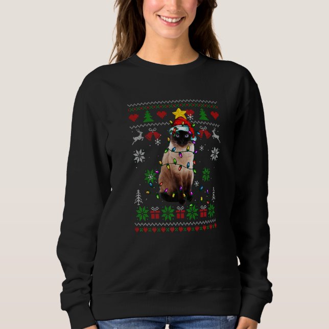 Sweatshirt Ugly Christmas Siamese Cat Lights Santa Hat (Devant)