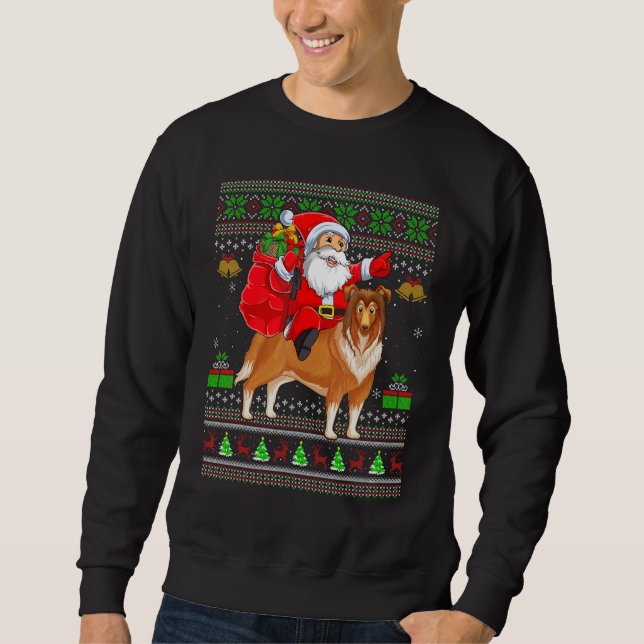 Sweatshirt Ugly Xmas Santa Riding Sheepdog Christmas (Devant)