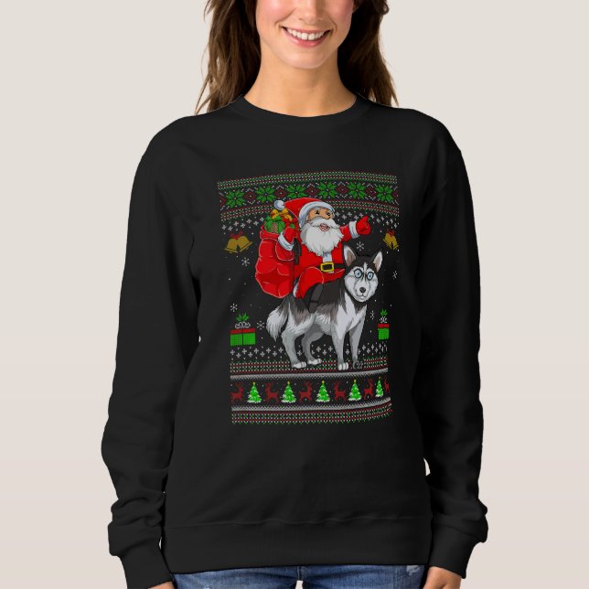 Sweatshirt Ugly Xmas Santa Riding Siberian Husky Dog Christma (Devant)