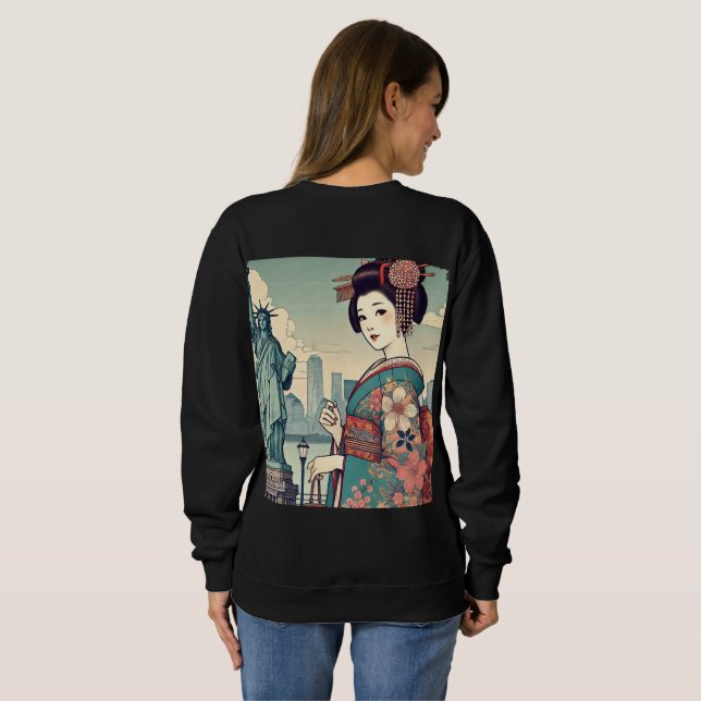 Sweatshirt Ukiyo-e style: Oiran alongside the Statue of Liber (Dos entier)