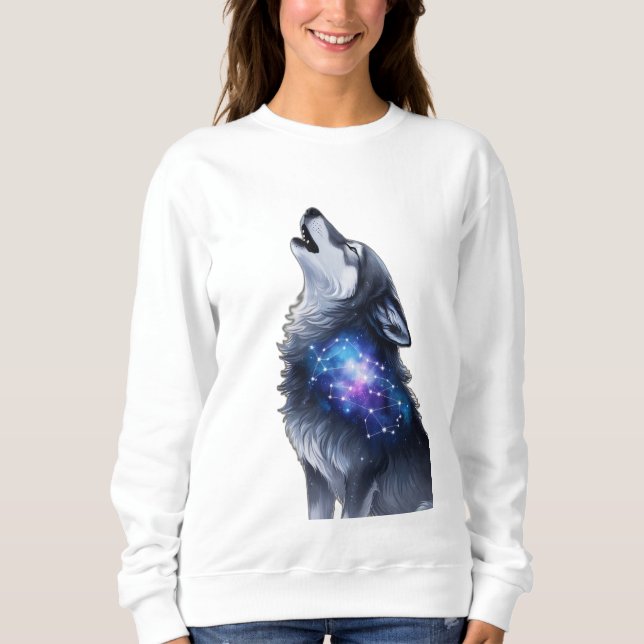 Sweatshirt Un loup hurle à une galaxie étoilée (Devant)