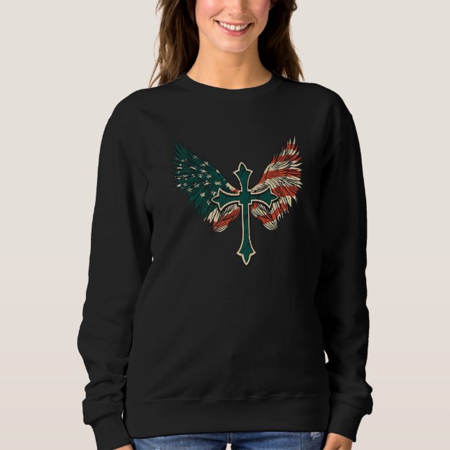 Sweatshirt US Flag & Cross, 4th Of July, USA Patriotic Christ (Devant)