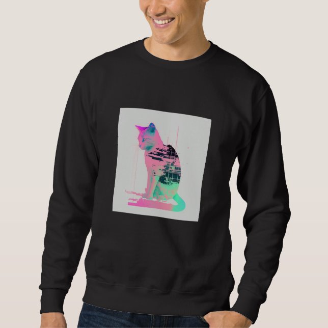 Sweatshirt Vaperwave Aesthetic Glitch Cat Retrowave Synthwave (Devant)