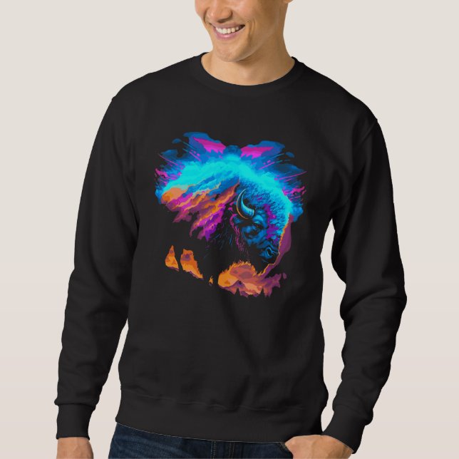 Sweatshirt Vaporwave Synthwave Bison Buffalo Américain 80 Eig (Devant)