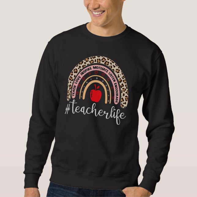 Sweatshirt Vie de l'enseignant Leopard Boho Rainbow Teach Lov (Devant)