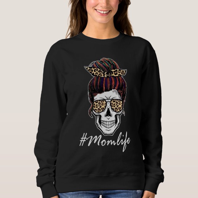 Sweatshirt Vie de Maman Crâne de Femme Léopard Chignon Méche (Devant)