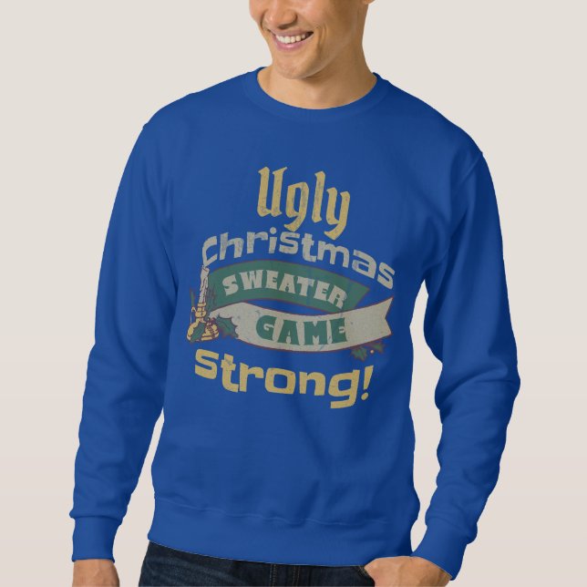 Sweatshirt Vilain Jeu de Sweater de Noël Fort! Bleu royal (Devant)