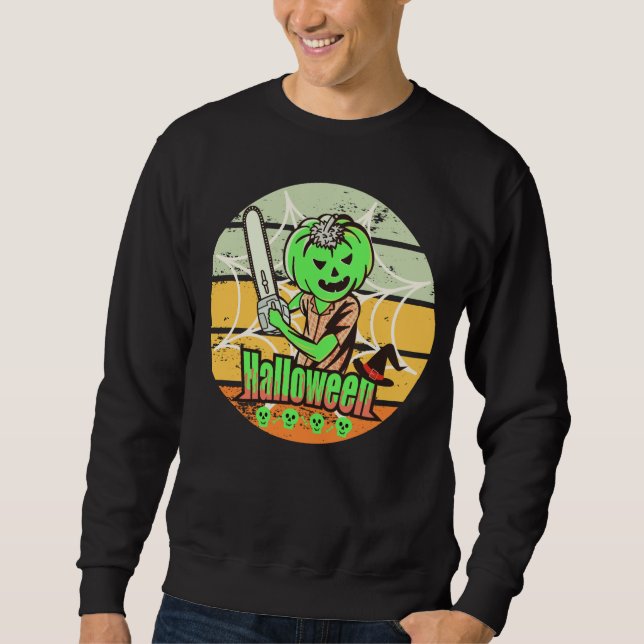 SWEATSHIRT VINTAGE HALLOWEEN CITROUILLE AVEC CHAINSAW ET SKUL (Devant)