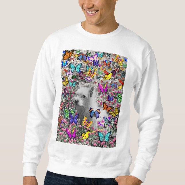 Sweatshirt Violette dans les papillons - chien blanc de (Devant)