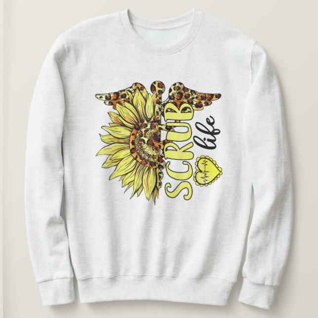 Sweatshirt Vivre La Vie Scrub Infirmière Tournesol Léopard Nu (Design devant)