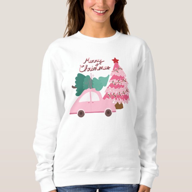 Sweatshirt Voiture rose et verte avec arbre de Noël (Devant)