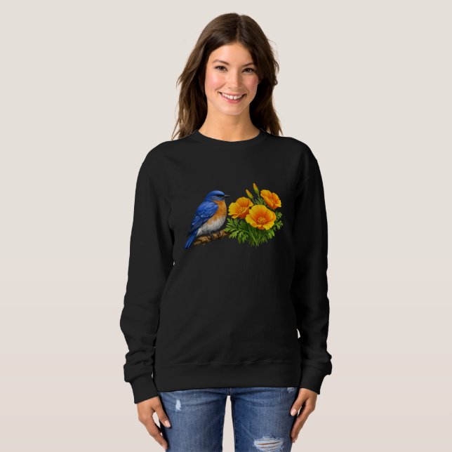 Sweatshirt Western Bluebird with California Poppies  (Devant entier)