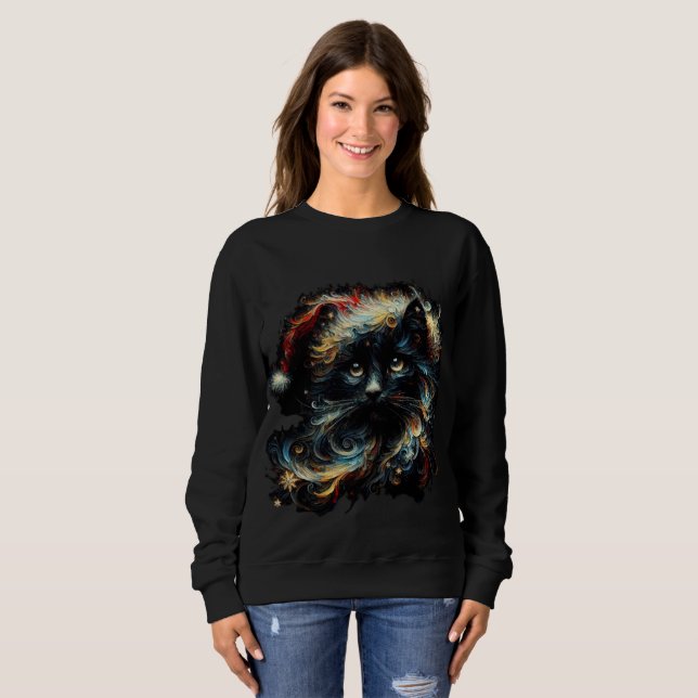 Sweatshirt Whimsical Long Cheveux Chat noir Père Noël Casquet (Devant entier)