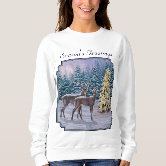 Sweatshirt Whitetail Deer & Christmas Tree Scene hivernale (Devant)