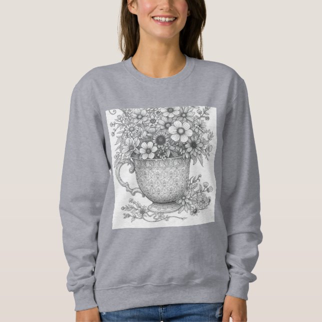 Sweatshirt Wildflowers in Vintage Teacup Ink Illustration Hoo (Devant)