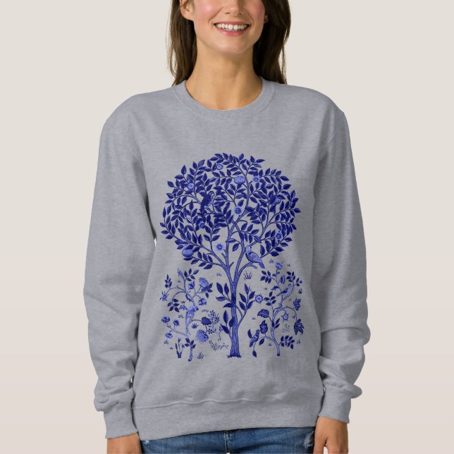 Sweatshirt William Morris Arbre de vie, bleu et blanc de Coba (Devant)