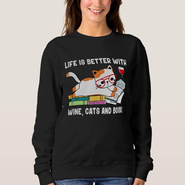 Sweatshirt With Books Cats And Wine Drinking Dad Mom (Devant)