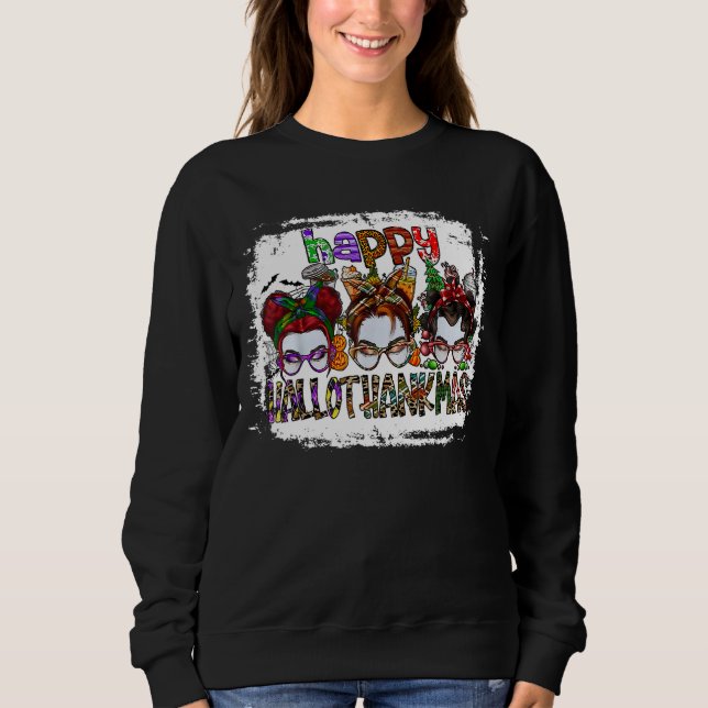 Sweatshirt Woman Happy Hallothanksmas Sunglass Messy Bun Coff (Devant)
