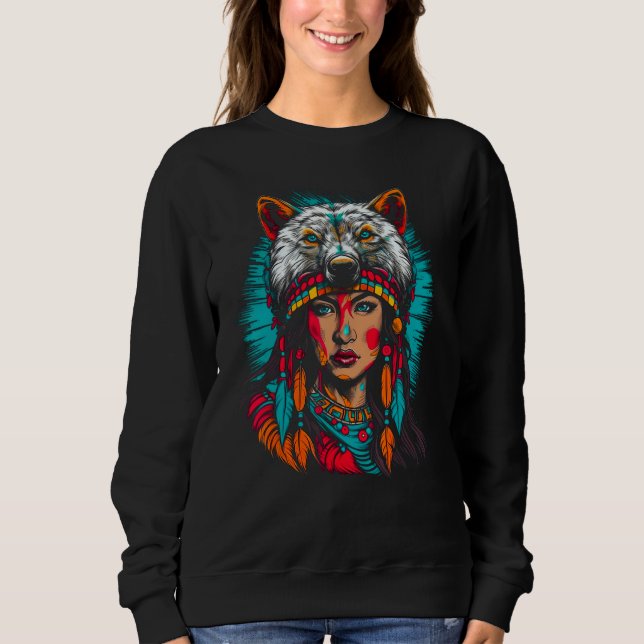 Sweatshirt Woman Wolf Head Native American Unyielding (Devant)