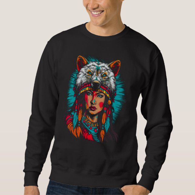 Sweatshirt Woman Wolf Head Native American Unyielding (Devant)