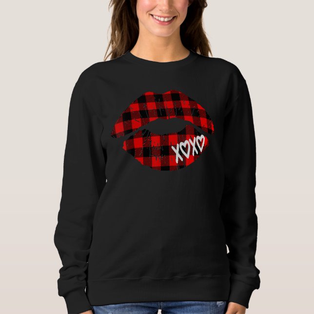 Sweatshirt Womens Red Buffalo Plaid Lips  Valentine Day XOXO (Devant)