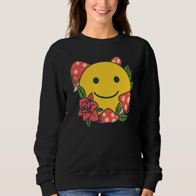 Sweatshirt Yellow Smile   Smiling Face Cute Mushroom Rose Flo (Devant)