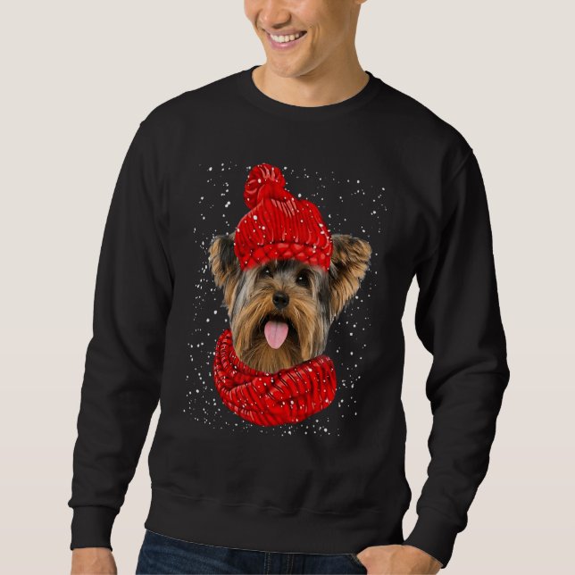 Sweatshirt Yorkshire Terrier Red Winter Hat Christmas Scarf D (Devant)