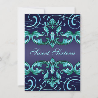 Sweet16 bleu foncé Damas & Tiara Invitation d'anni