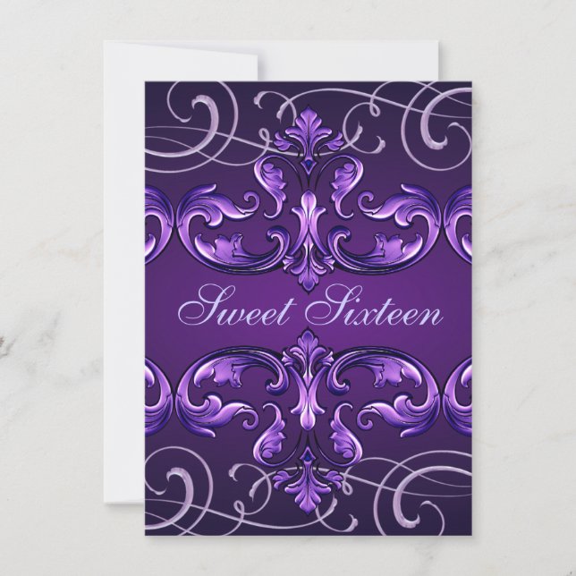 Sweet16 Violet foncé Damask & Tiara Invitation d'a (Devant)
