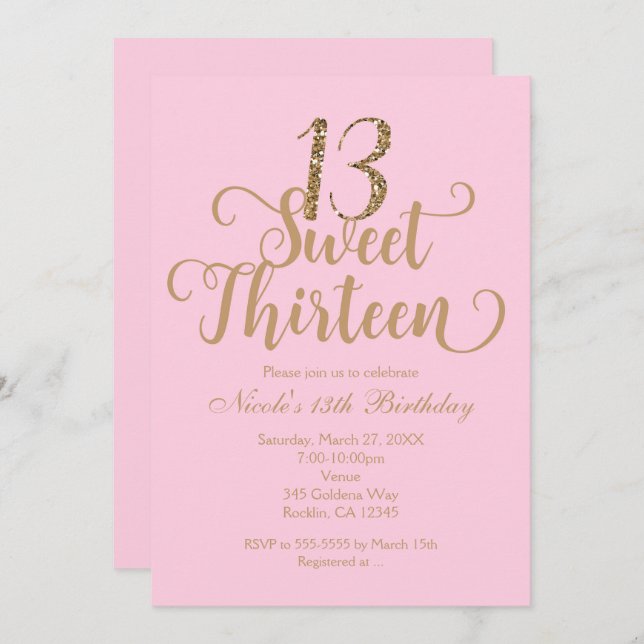 Sweet 13 Pink & Gold Anniversaire Invitations (Devant / Derrière)