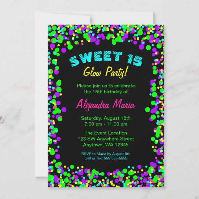 Sweet 15 Neon Glow Confetti Party Invitations (Devant)