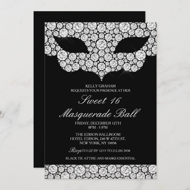 Sweet 16 Anniversaire Diamond Mask Invitation (Devant / Derrière)