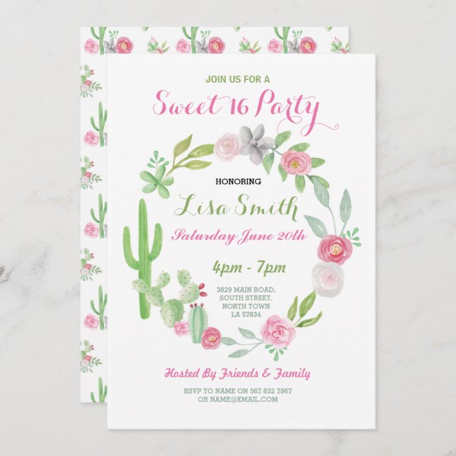 Sweet 16 Anniversaire Fiesta Cactus Invitation (Devant / Derrière)