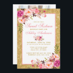 Sweet 16 Anniversaire Invitation d'or rose - Photo<br><div class="desc">Aquarelle Rose Blush Floral et Gold Parties scintillant Sweet sixteen Anniversaire - Texte rose et or - Cadre rose - Photo Retour</div>
