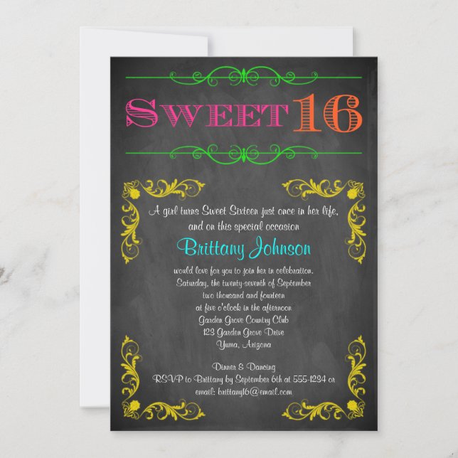 Sweet 16 Anniversaire Invitation | Neon Chalkboard (Devant)