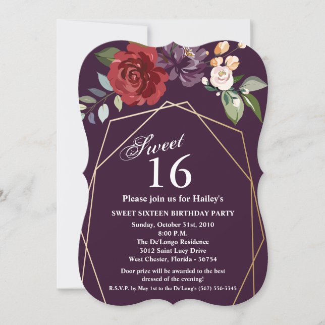 Sweet 16 Anniversaire Invitation Plum violet Rose  (Devant)