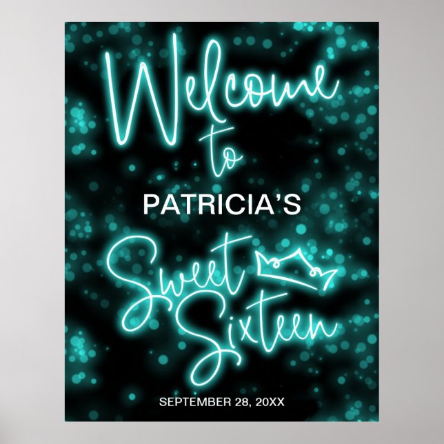 Sweet 16 Anniversaire Turquoise Neon Affiche de bi (Devant)
