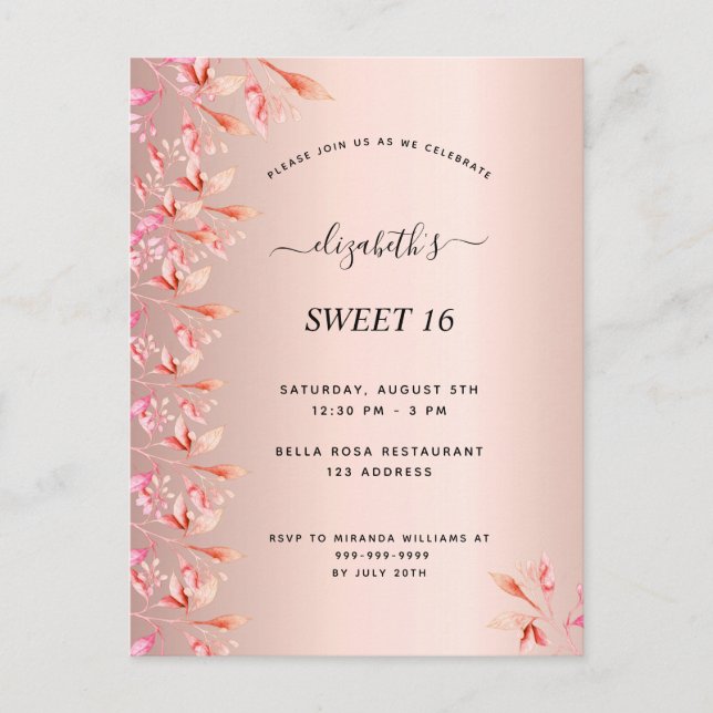 Sweet 16 ans rose or rose invitation florale rose  (Devant)