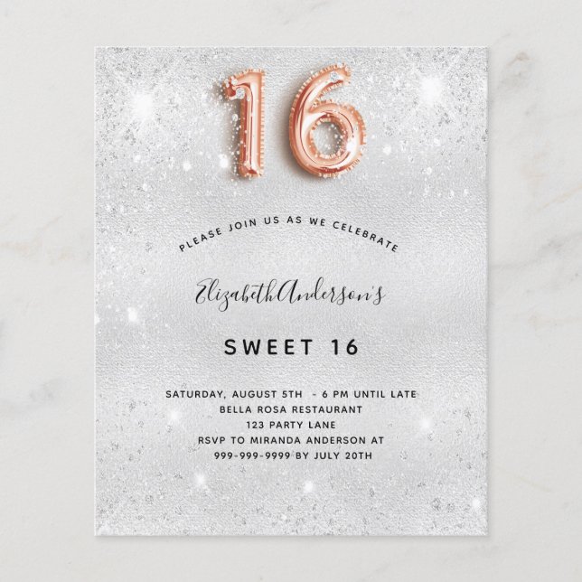 Sweet 16 argent rose or budget invitation (Devant)