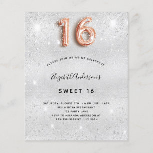 Sweet 16 argent rose or budget invitation