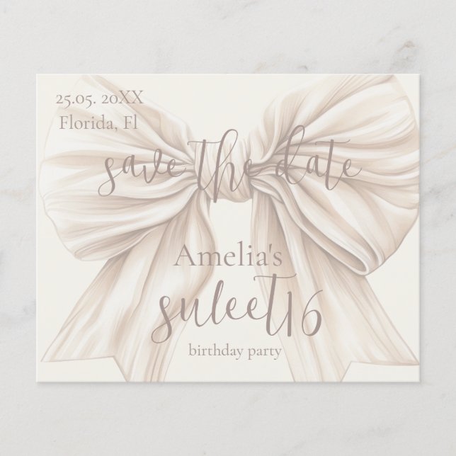 Sweet 16 Beige Bow Aquarelle Enregistrer la date (Devant)