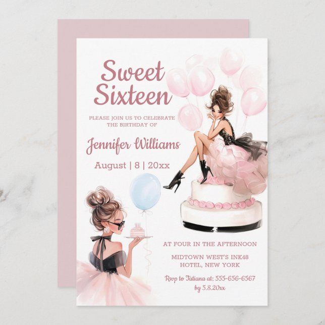 sweet 16 birthday girl pink party invitation  (Devant / Derrière)