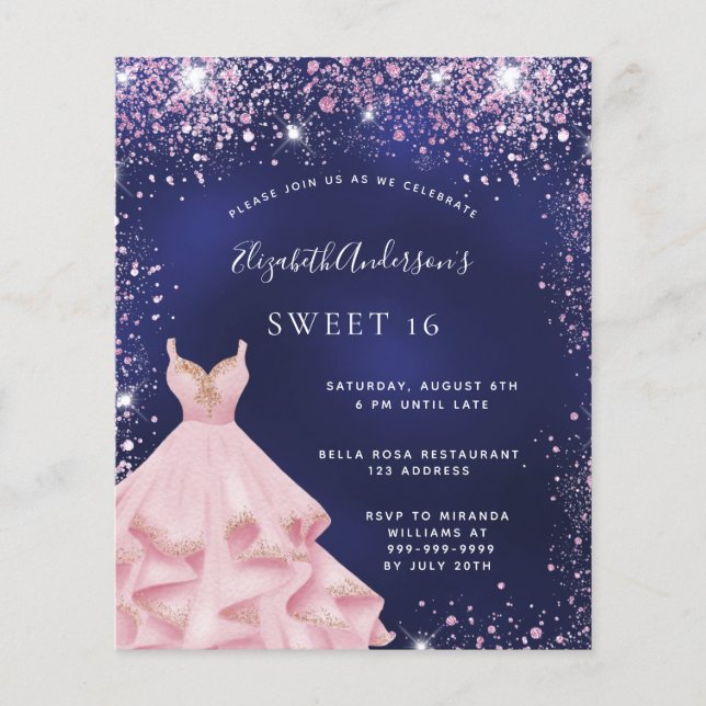 Sweet 16 bleu marine robe rose invitation (Devant)