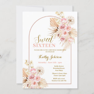 Sweet 16 Boho rose Pampas Grass Girl Invitation