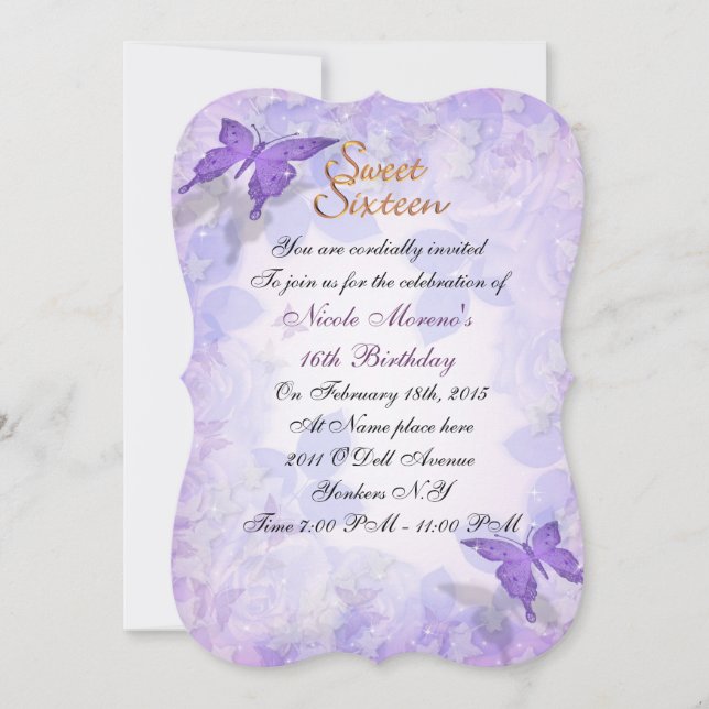 Sweet 16 boutons-papillons violets invitation (Devant)