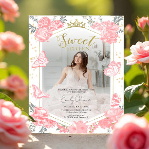 Sweet 16 Budget Photo Invitation Papillon rose