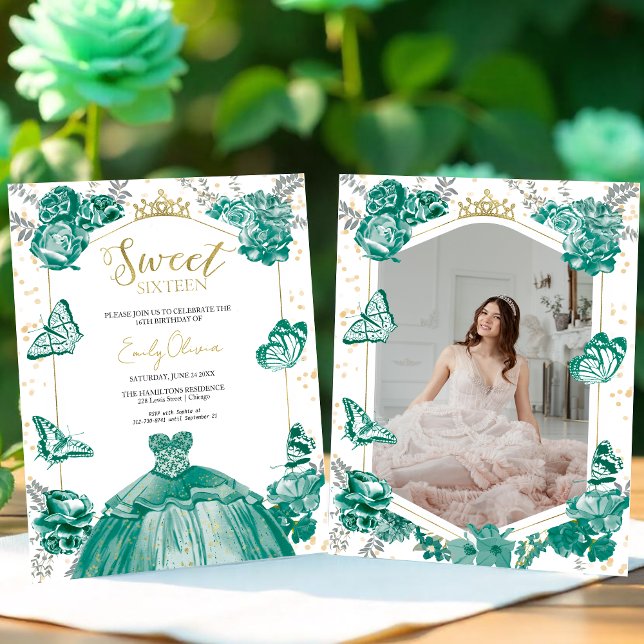 Sweet 16 Budget Photo Invitation Papillon vert (Créateur téléchargé)